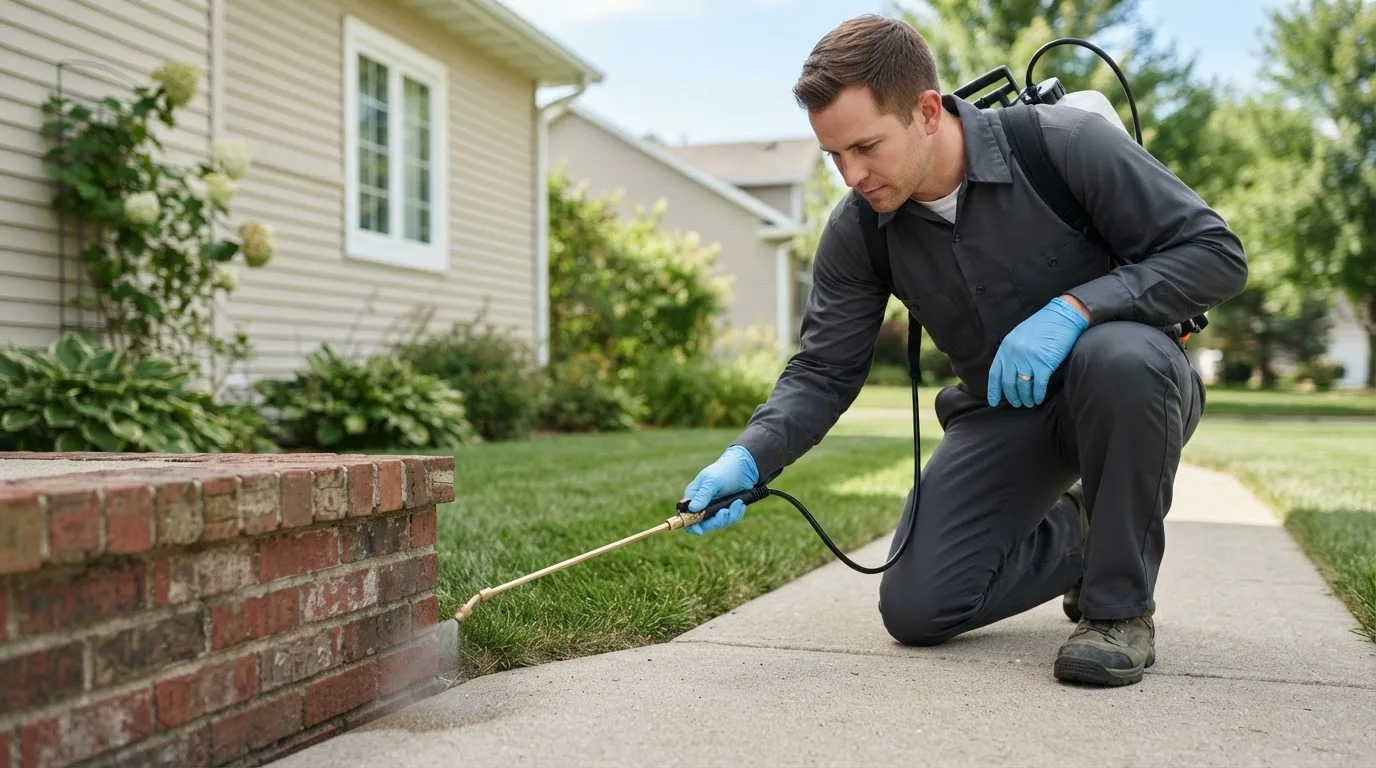 Pest control technician treating a home near Mill City, OR